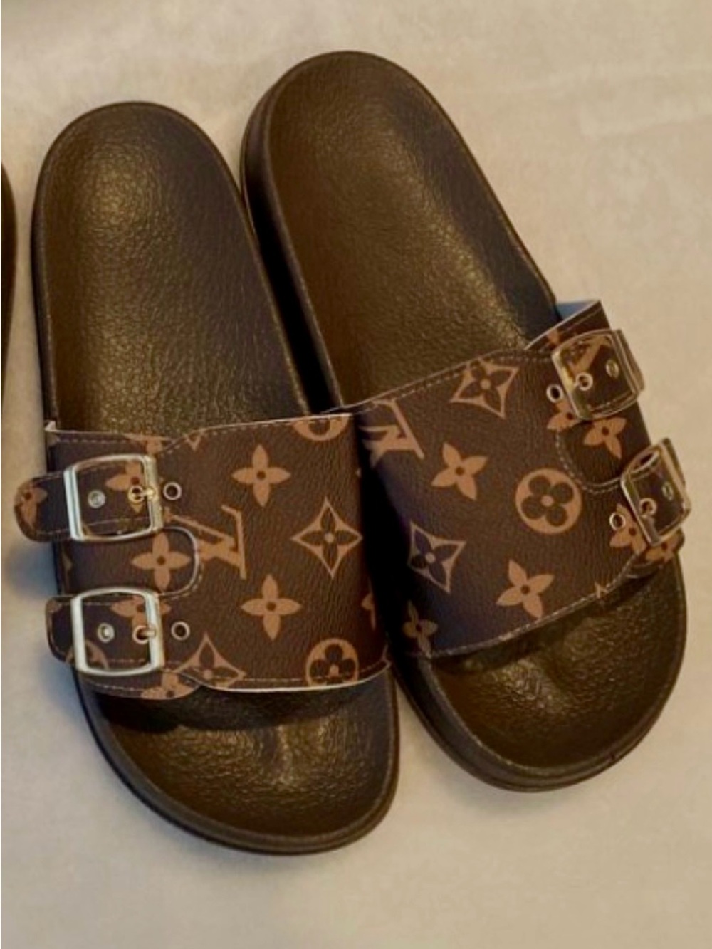 Monogram Double-Buckle Slide Sandals in Brown LV print